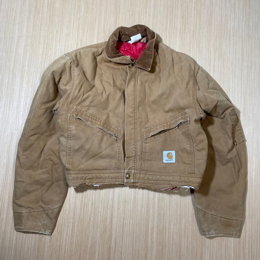 Carhartt Cropped Work Jacket Mens Tan Distressed Canvas Raw Hem Custom 19.5x22